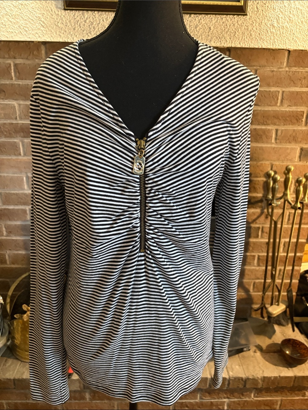 Michael Kors Black & White Striped Long-Sleeve V-Neck Zip Top